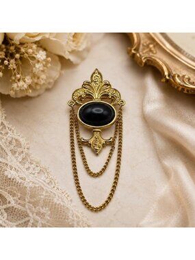 Vintage Signed BERGERE Fleur De Lis Chatelaine Black Cabochon Gold Tone Brooch